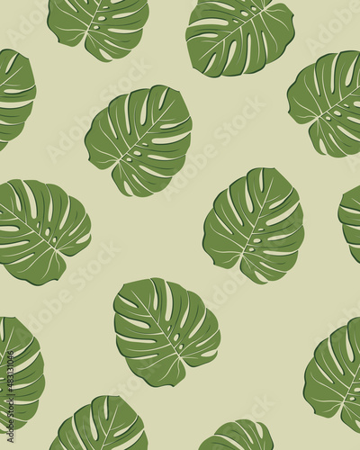 Abstract exotic leaves seamless pattern. Background illustration. Tropical monstera. Green color. Simple flat. Vector illustration.