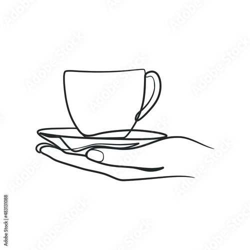 Continuous line art drawing of hands holding a cup of coffee or tea