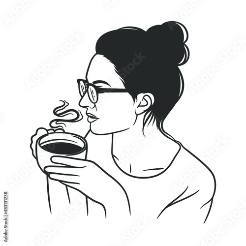 Line art drawing of women drinking coffee or tea