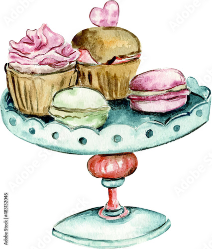 Watercolor romantic birds tea time valentine vintage cup, kettle cake, sweet cookie