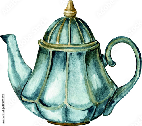 Watercolor romantic birds tea time valentine vintage cup, kettle cake, sweet cookie