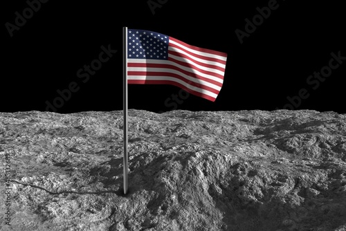 American flag on moon. Lunar colonization concept.