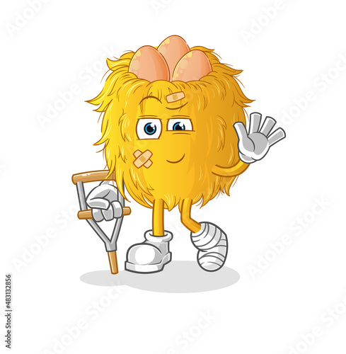 bird nest sick with limping stick. cartoon mascot vector