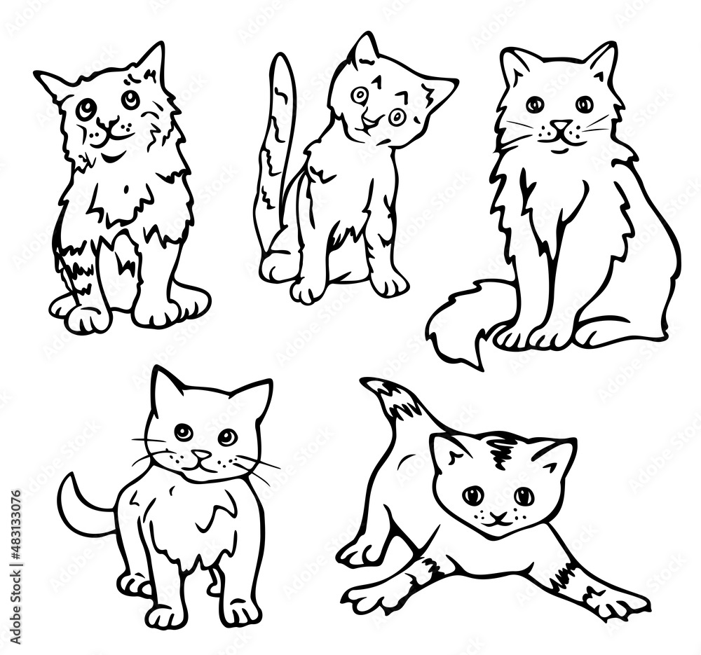 Vector illustration with collection of cats and kittens. Black and white isolated cats.