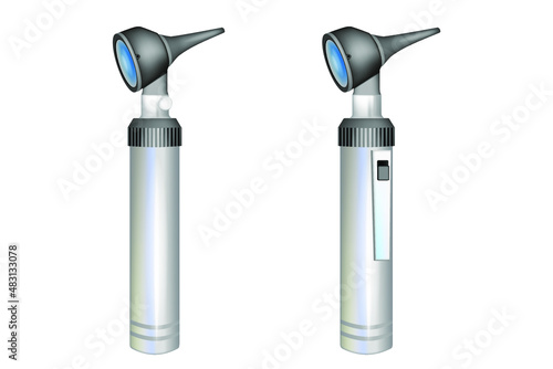 An otoscope or auriscope is a medical device which is used to look into the ears. Realistic vector illustration of medical otoscope isolated on white background photo