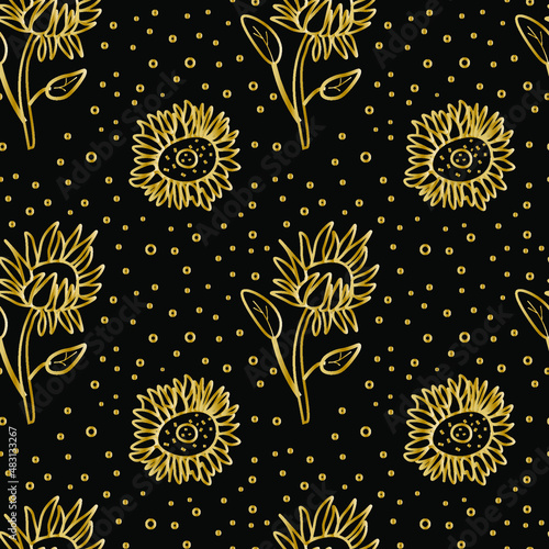 Vector seamless pattern with gold wildflowers on black background in doodle.Textural,botanical,summer print in hand dr style.Design for fabric, wrapping paper ,packaging, textiles, wallpaper.
