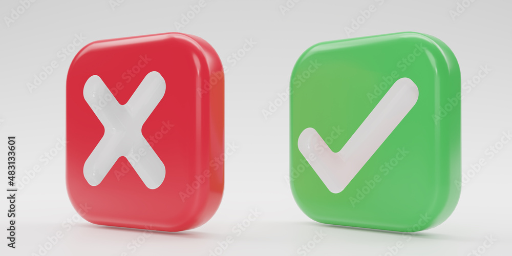3D render Checkmark and X mark icon set. Checkmark right symbol, tick sign. check and uncheck for web and mobile apps. 3D rendering illustration. 3D render Checkmark and X mark icon set. Checkmark right symbol, tick sign. check and uncheck for web and mobile apps. 3D rendering illustration.
