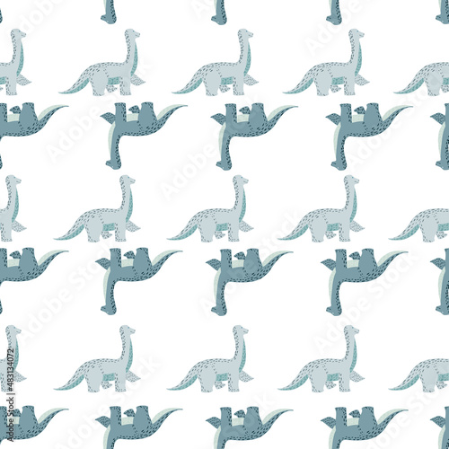 Cute brachiosaurus seamless pattern. Funny children dinosaur sketch.