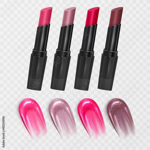Set of color lipsticks. Red lipstick, pink lipstick in realistic style, vector format