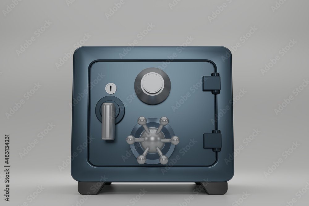 Dark blue Safe box font view on gray background. closed metallic safe box. Realistic metal safe. Close security blue metal safe. 3d render illustration. Dark blue Safe box font view on gray background. closed metallic safe box. Realistic metal safe. Close security blue metal safe. 3d render illustration.