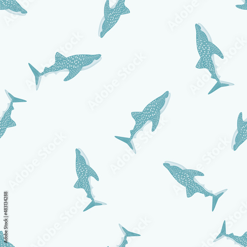 Whale shark seamless pattern in scandinavian style. Marine animals background. Vector illustration for children funny textile.