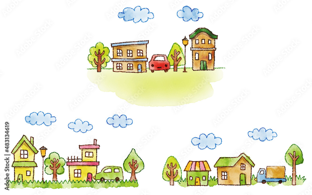 watercolor hand drawn houses. cute townscape illustration for decoration