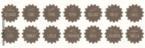 Vector collection of stickers with spices labels. Set of labels for spices. stickers, cards for marking kitchen food containers with spices.