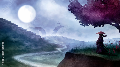 A fantasy landscape with a samurai girl standing on a rock under a pink tree and a mysterious forest dragon hiding behind blue hills in thick fog and clouds. Magic illustration with sun and river.