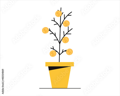 A coin tree in a pot. A plant with gold coins. Vector illustration