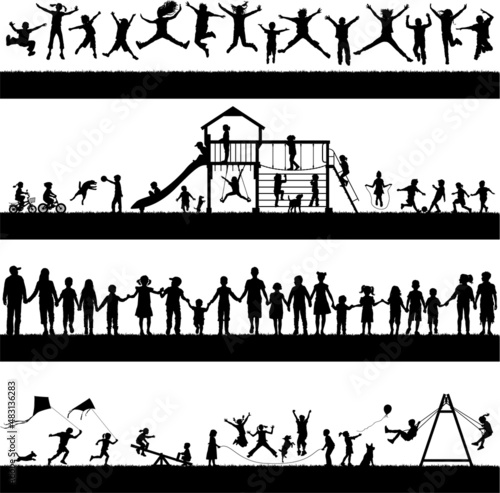 Children girl and boy playing walking and jumping vector silhouette collection