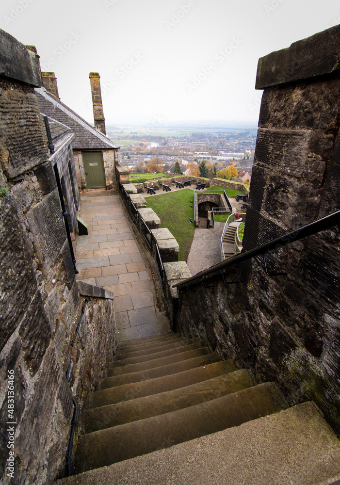 View from Stirling Castle and outward to the City of Stirling beyond - Cannons and gun emplacements can be seen in the foreground -  Stirling Castle, Stirlingshire, Scotland. 