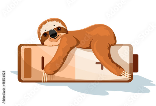 Lazy Sloth Needs Battery. Vector Illustration. Brown color.