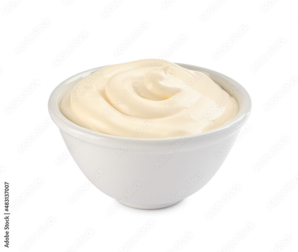 Bowl with tasty mayonnaise isolated on white Bowl with tasty mayonnaise isolated on white