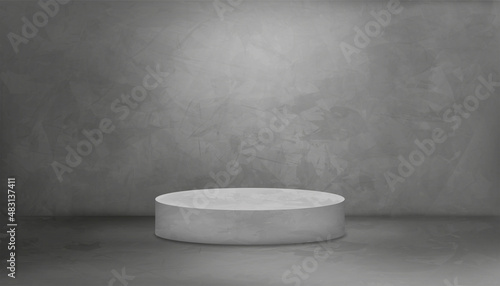Backdrop studio room Grey Cement texture wall background with cylinder podium,Vector 3D illustration Gray floor Concrete surface with light and shadow.Banner template interior loft style concept