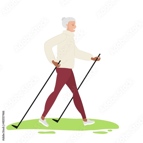 Elderly woman wearing casual clothes engaged in scandinavian walking in park. Nordic walking with special poles. Healthy lifestyle, leisure time, outdoor sport in old age. Colored flat cartoon vector