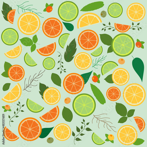 Vector illustration of citrus pattern with lime, lemon, grapefruit slices and leaves. Bright and juicy modern print for covers, wallpapers and other