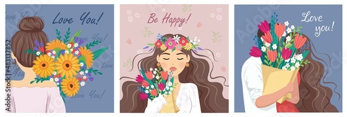Set of Beauty, gift, love hug concept. Young woman girl cartoon hiding behind the bouquet of flowers gerbera on blue and pink background. womens day present illustration. March 8 Valentine's Day