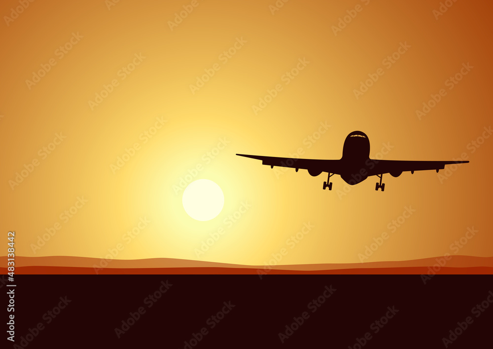 The contour of the aircraft against the backdrop of dawn. Design for advertising banner, poster, brochure or background. Vector illustration.