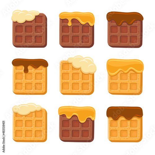 Belgium Waffles Set with Chocolate, Honey and Milk Topping. Vector