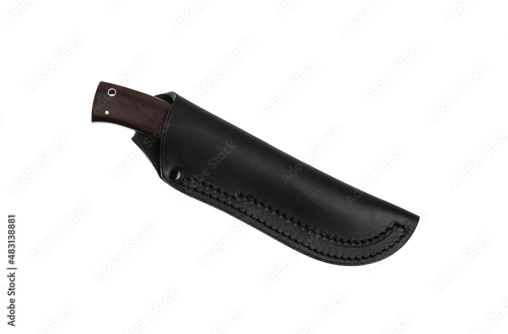 Modern hunting knife with silver blade and rubber handle. Steel arms. Isolate on a white back Modern hunting knife with silver blade and rubber handle. Steel arms. Isolate on a white back
