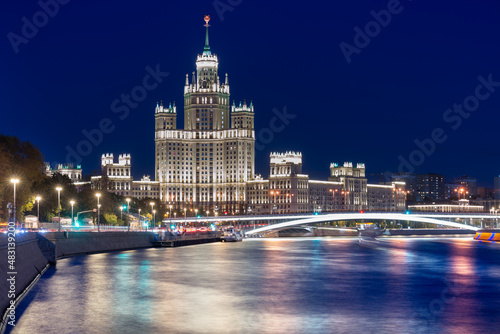 View of the sparkling Moscow River, Stalin's high-rise building on Kotelnicheskaya Embankment from Zaryadye Park