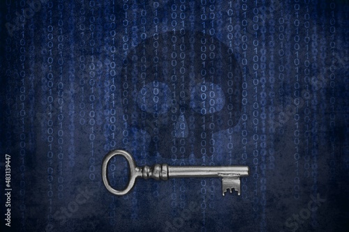 ransomware virus on a computer with an encrypt key icon and binary code illustration on a background © BillionPhotos.com