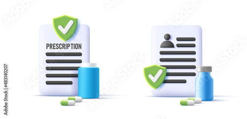 3d prescription rx with pills and medicines. Doctor's paper form, diagnosis, medical list with medications. The concept of prescribing a dose of pills, capsule