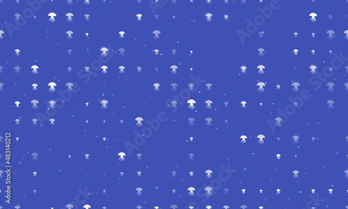 Seamless background pattern of evenly spaced white jellyfish symbols of different sizes and opacity. Vector illustration on indigo background with stars