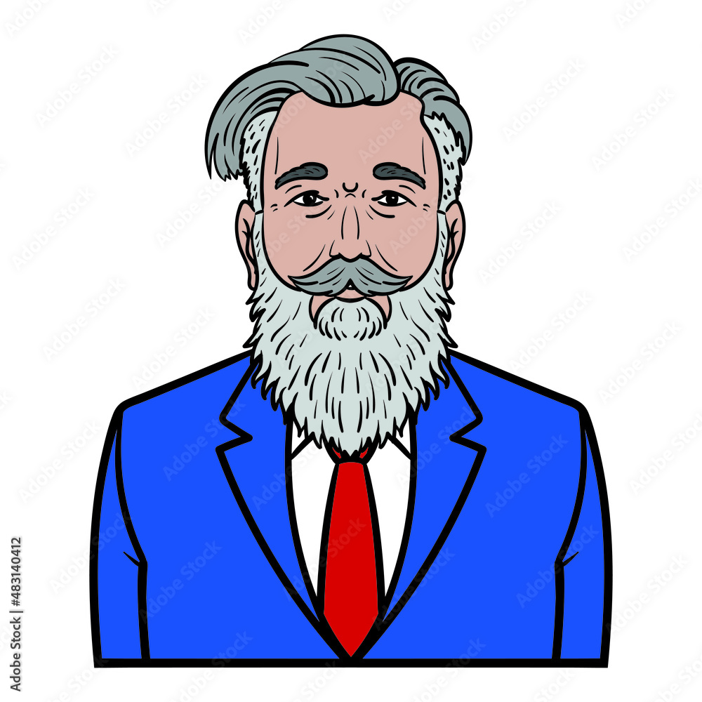 businessman with gray beard and blue suit. avatar comic isolated.
