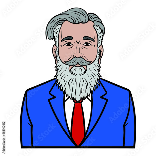 businessman with gray beard and blue suit. avatar comic isolated.