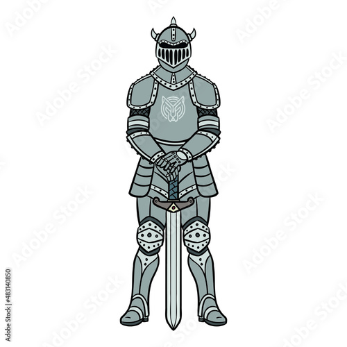 knight with sword. Comic outline vector.