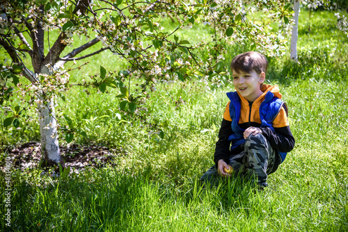 Kids on Easter egg hunt in blooming spring garden. Children searching for colorful eggs in flower meadow. Toddler boy and his brother friend kid boy play outdoors © pahis