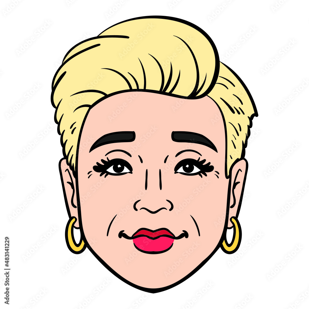 young woman with short blond hair, earrings and red lips. head comic isolated. young woman with short blond hair, earrings and red lips. head comic isolated.