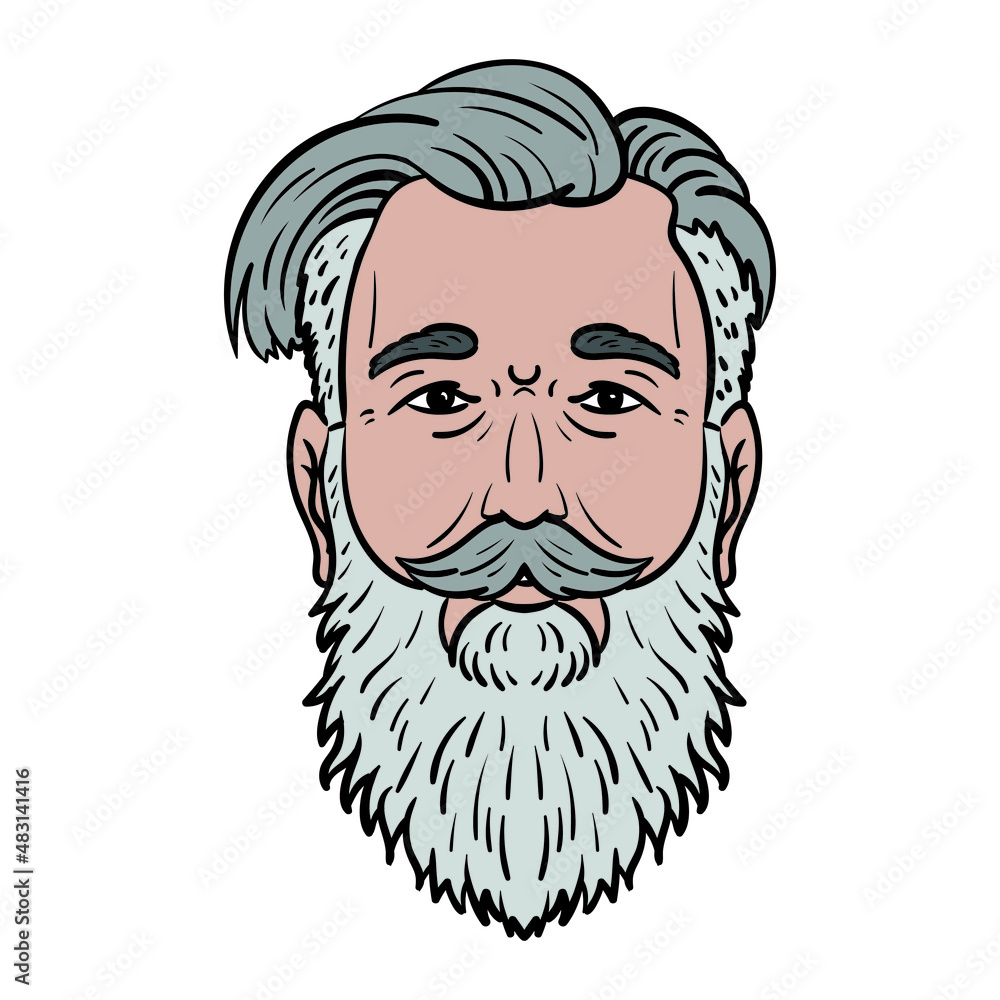old man with cool hairstyle and gray beard. Face illustration isolated vector.