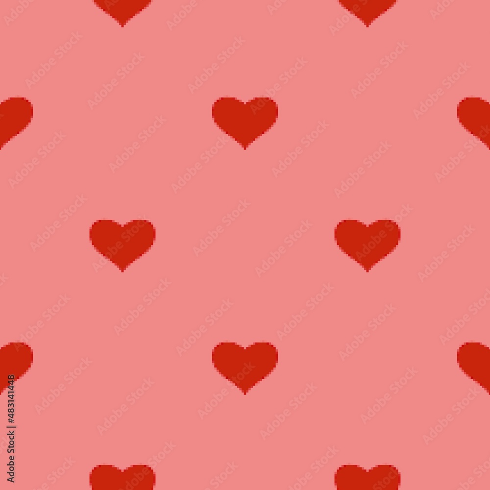 Red heart seamless pattern in pixel art style. pink background. 8 bit wallpaper. Valentine's Day.