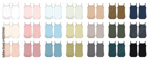 Set of baby sleeveless tank top body technical sketch. Children bodysuit collection. Infant underwear outline.