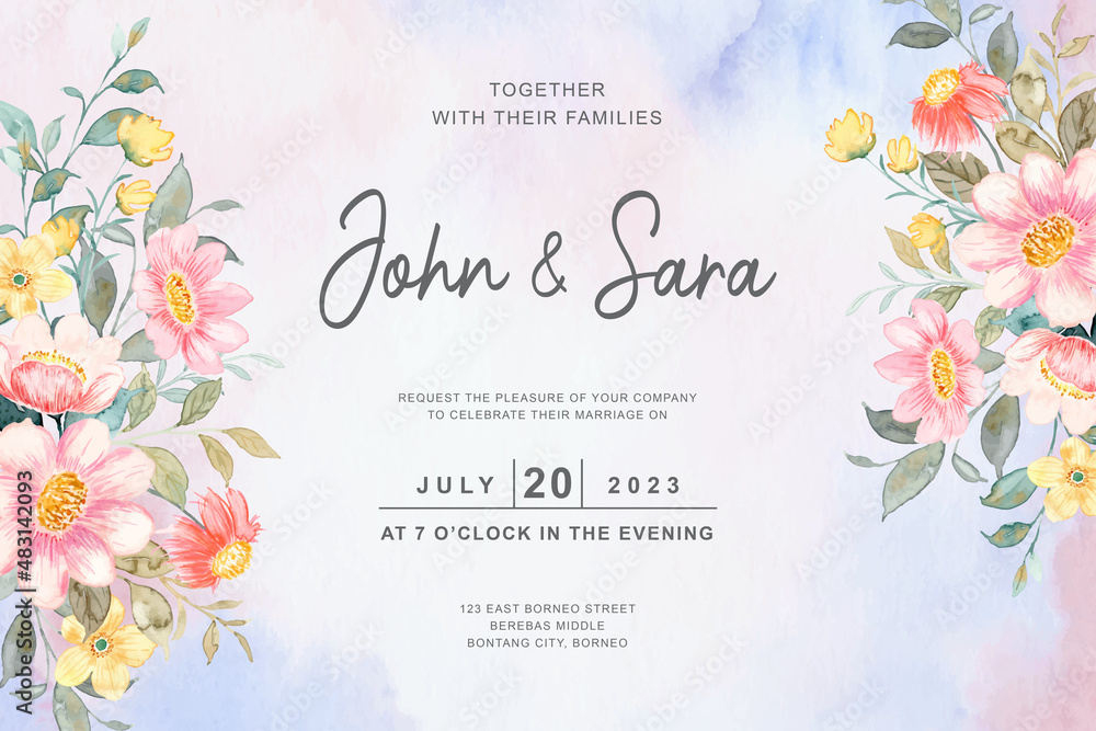 Wedding invitation card with pink floral watercolor