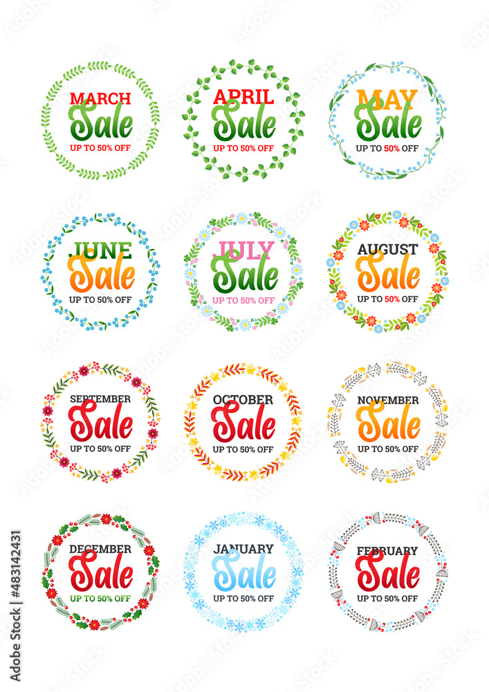 Set of sale badges. Discount text for every month of the year on a circle background with a beautiful floral wreath. Vector 10 EPS.
