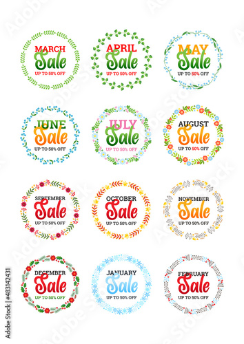 Set of sale badges. Discount text for every month of the year on a circle background with a beautiful floral wreath. Vector 10 EPS.