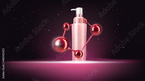 Beauty Skincare products with red molecule.cosmetics bottles mockup banner.Realistic 3d vector