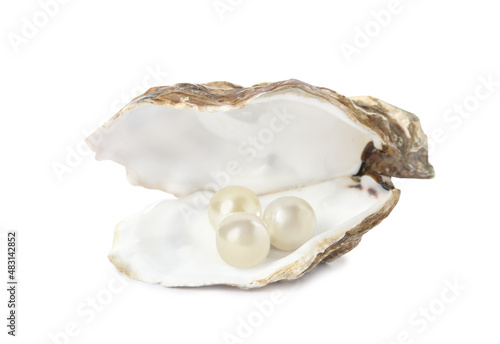 Open oyster shell with pearls on white background