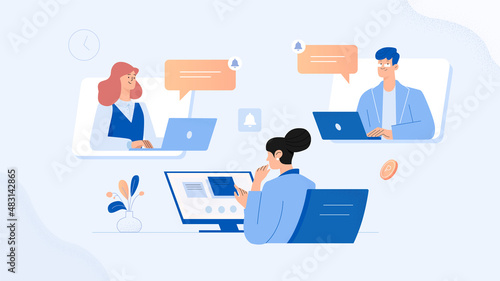 Business people group discussing communication social network. Chat communication. Flat Vector Illustration