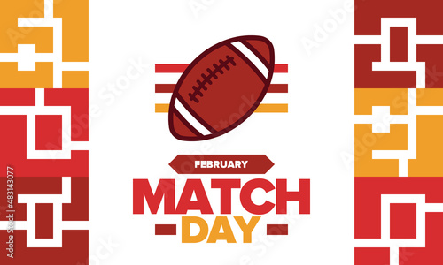 American Football Match Day. Playoff game day. Super Bowl Party in United States. Final game of regular season. Professional team championship. Ball for american football. Sport poster. Vector
