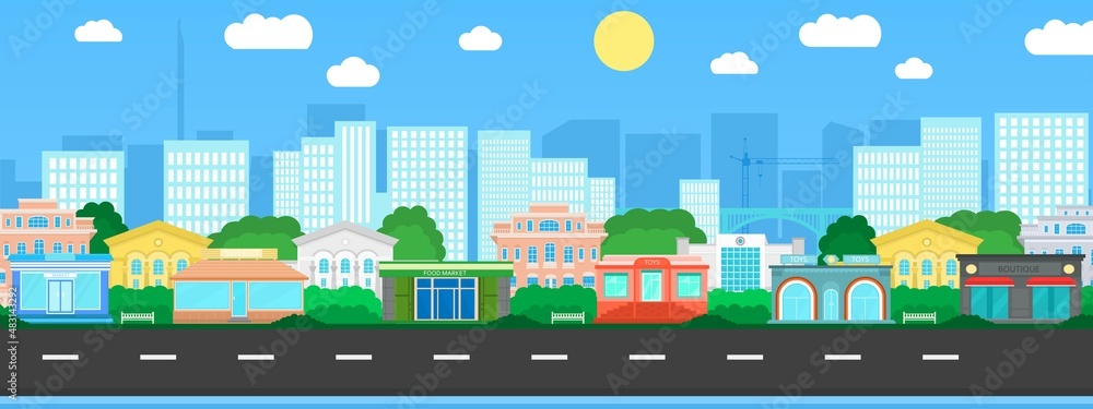 Vector poster with city buildings view with road. City street view.